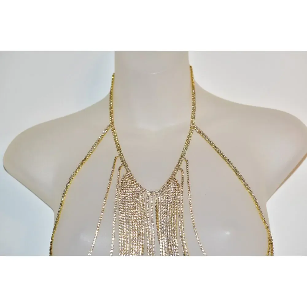 Vintage Body Necklace Top Wrap Rhinestone Crystal Gold Tone Fringe Chain Belt